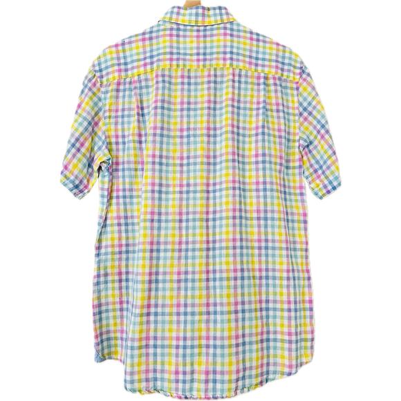 Bohio Linen Men's Printed Button-Up Shirt Top Plaid Primary Pink Blue Yellow M - Picture 4 of 4